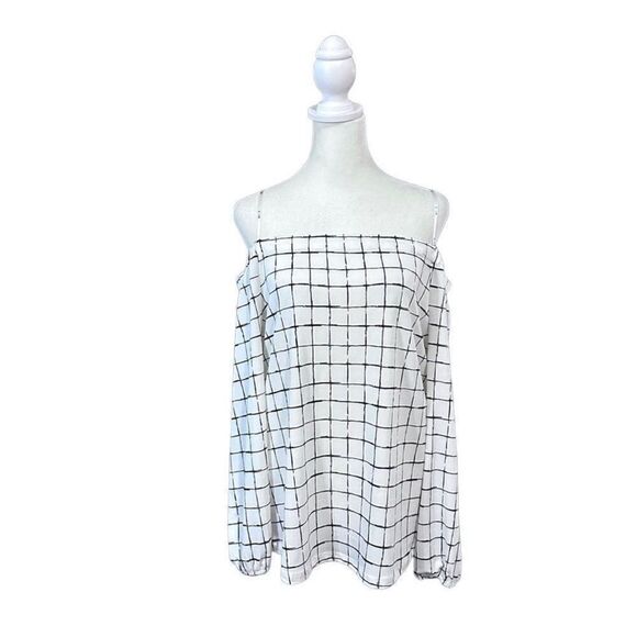 Mine Off The Shoulder White & Black Grid Pattern Long Sleeve Top Size Medium - Picture 1 of 10